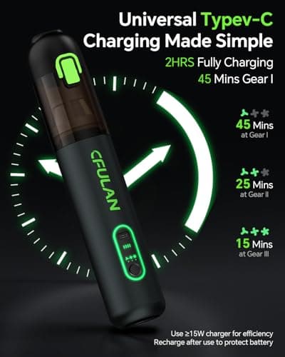 Cfulan Car Vacuum Portable Cordless, 21000Pa 4-in-1 Handheld Mini Vacuum Cleaner with 8 Attachments, 3 Suction Modes, One-Touch Empty, Type-C Charge, Hand Vacuum for Car, Home, Keyboard, Small Job - Thumbnail 6
