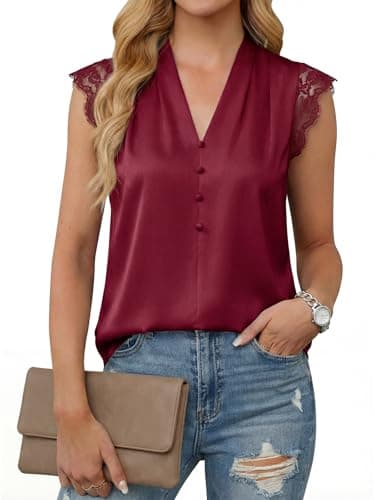 Cicy Bell Womens Summer Silk Satin Tank Tops Lace Cap Sleeve V Neck Casual Dressy Shirt Loose Fit Button Work Blouse Red - Image 1