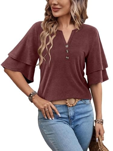 MixShe Tops for Women Split V Neck Button Ruffle Sleeve Casual Summer Lightweight Blouses Redwood Large - Image 1