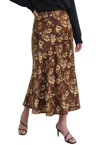 BTFBM Satin Skirts for Women Trendy Spring Summer 2026 High Waisted Leopard Print Cocktail Wedding Long Silk Midi Skirt(Floral Brown Yellow, Medium) - Image 1