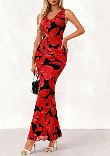 PRETTYGARDEN Women's Spring Formal Wedding Guest Dress 2026 Cowl Neck Summer Vacation Outfits Polka Dot Floral Maxi Dresses(Black Red Flower,Large) - Thumbnail 4