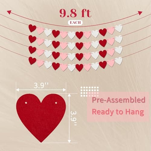 Oeyliz Valentines Day Decor Felt Heart Garland Valentines Day Banner 4 Pack Felt Red Heart Garland Banners Pre-Strung Heart Banner for Fireplace Mantel Walls Party Supplies Outdoor Home Hanging - Thumbnail 4
