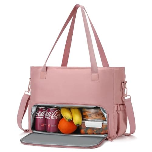 Lunch Tote Bag for Women with 15.6" Laptop Compartment, Work Tote Bag with Insulated Lunch Compartment, Large Casual Canvas Handbag Luncg Bags for Nurse, Teacher, Office, Travel, Beach, Pink