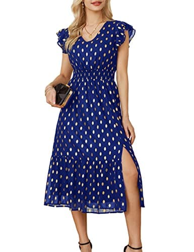 GRACE KARIN 2026 Womens Summer Dresses V Neck Ruffle Sleeve Floral Boho Beach A-Line Dress Royal Blue-Gold Dots Small - Image 1