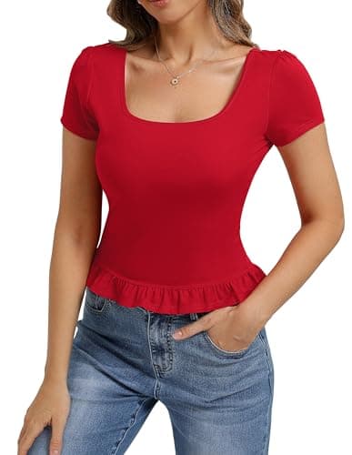 Belle Poque 2026 Summer Cute Tops for Women Red Short Sleeve Crop Tops Square Neck Ruffle Hem T Shirts S - Image 1