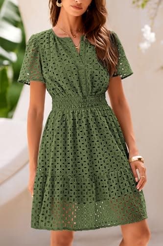 PRETTYGARDEN Womens 2026 Summer Short Dress V Neck Short Sleeve A Line Hollow Out Lace Cute Casual Beach Party Spring Dresses (Army Green,Medium) - Thumbnail 4