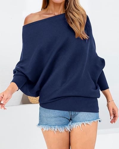 Zenlonr Women's Fall Sweaters 2026 Casual Long Batwing Sleeve Loose Off Shoulder Knit Pullovers Jumper Tops(Navy,Large) - Thumbnail 3