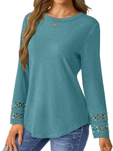 GKBK Womens Long Sleeve Tops Business Dressy Casual Blouses Crewneck Loose Fit Lightweight T Shirts Cute Work Tee Ladies Tunic 2025 Fall Winter Fashion Clothes Trendy Outfits Cyan S - Thumbnail 3