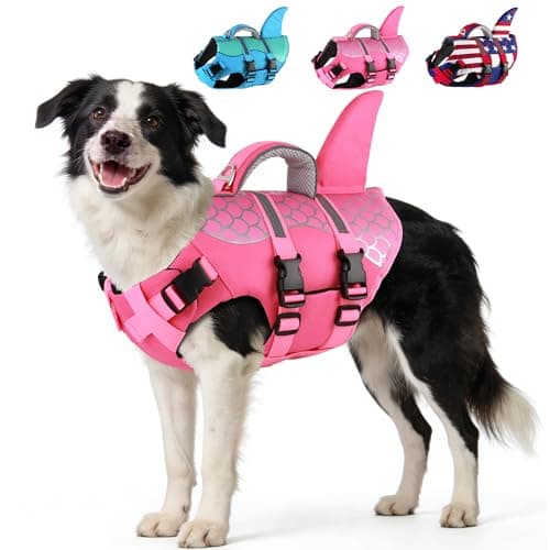 Dogcheer Dog Life Jacket Shark, Neoprene Harness Dog Life Vest with Lift Handle, Reflective Adjustable Pet Swim Float Vest for Small Medium Large Dogs - Pink Scales, XL - Image 1