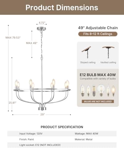 YUNNIX 8 Light Brushed Nickel Chandelier for Dining Room, 30 Inch Wagon Wheel Light Fixture, UL Whole Fixture, Silver Modern Farmhouse Candelabra Chandelier with Chain for Living Room, Entrance, Foyer - Thumbnail 5