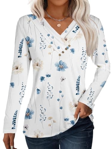 GKBK Women Long Sleeve Tunic Tops for Leggings V Neck Button Down Loose T Shirts 2026 Dressy Business Casual Blouse Pullover Sweatshirt Work Cute Trendy Sweater Clothes White Blue Floral L - Image 1