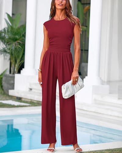 PRETTYGARDEN Women's Summer 2 Piece Outfits 2026 Cap Sleeve Ruched Slim T Shirt Ribbed Knit Wide Leg Pant Sets Tracksuit(Wine Red,Small) - Thumbnail 6