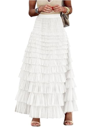 Gihuo Women's Long Maxi Tulle Skirts A Line High Waisted Tiered Layered Midi Skirt Mesh Ruffle Tutu Petticoat(White-M) - Image 1