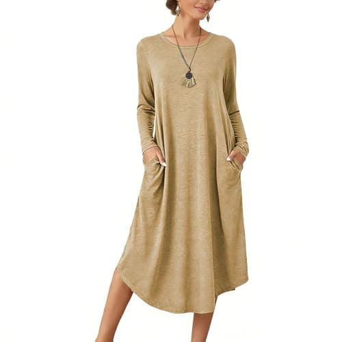 Lounge Dress for Women Long Sleeve Midi Long Dress Loose Casual Side Slit Dresses Pocket XXL Khaki - Image 1