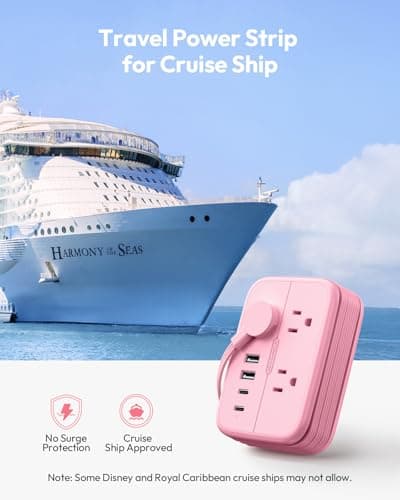 NTONPOWER Pink Extension Cord, Travel Power Strip, 6 Outlets 4 USB Ports(2 USB C), 4ft Extension Cord Wrapped Around Small Power Strip, Compact for Travel, Hotel, Cruise Approved, White - Thumbnail 4