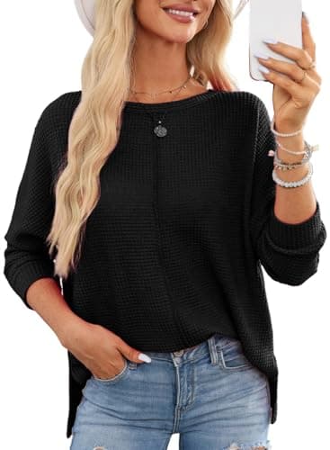 Dokotoo Womens Long Sleeve Shirts for Women Trendy Waffle Knit Tops Plus Size Women Blouses Business Casual Tops Crewneck Oversized Shirts Black Blouses Dressy Casual L - Image 1