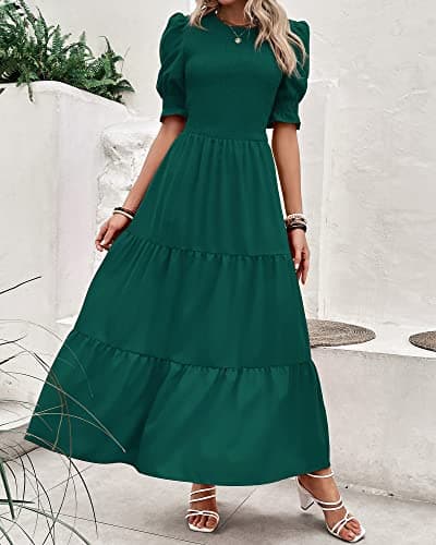 BTFBM Women Casual Summer Dresses 2025 Spring Crew Neck Ruffle Short Sleeve Floral Print Smocked Boho Flowy Maxi Dress(Solid Dark Green, Medium) - Thumbnail 3