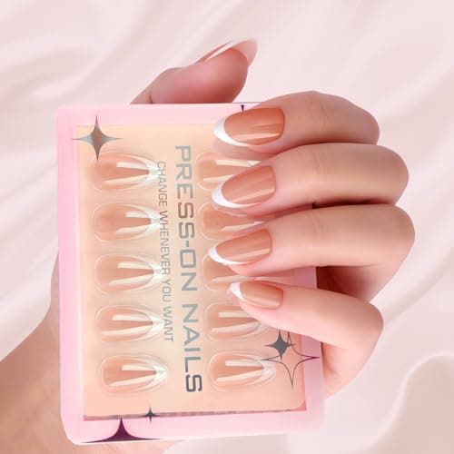 Press On Nails French Tip Almond - White Glossy Acrylic, Long Lasting Reusable Fake Nails with Glue, Adhesive Tabs, File, Prep Pad, Manicure Stick 30Pcs in 15 Sizes for Everyday or Fall - Image 1