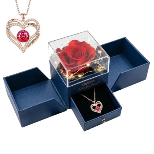 Kruckel Real Preserved Rose Gift Box with Heart Necklace, LED Light Jewelry Box with Hidden Drawer, Romantic Eternal Rose, Valentines Day Anniversary Birthday Gifts for Women, Wife, Girlfriend, Mom - Image 1
