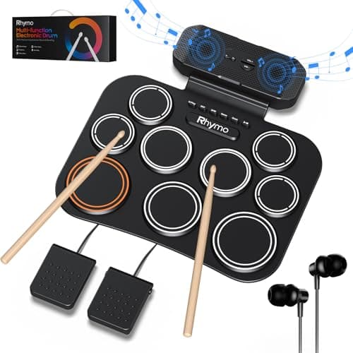 Rhymo Portable Electronic Drum Set, 9-Pad Roll-Up with Built-in Speaker, Rechargeable Battery, Headphones, Drum Pedal & Sticks, Perfect for Beginners, Home Practice and Travel Gifts