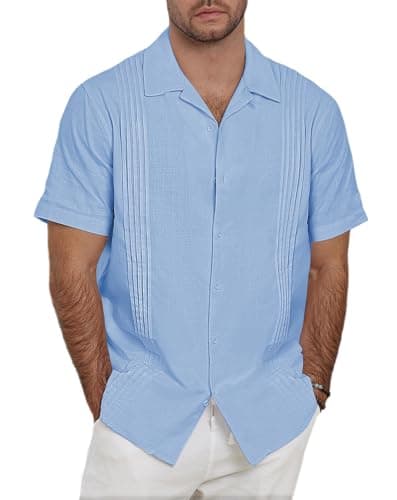 Guayabera Shirts for Men Linen Button Down Short Sleeves Shirt Casual Summer Cuban Vacation Beach Tops - Image 1
