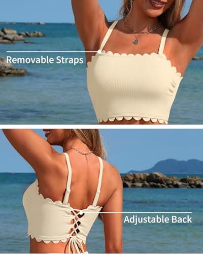 Charmo Strapless High Waisted Bikini Sets Women Tummy Control Scallop Bandeau Swimsuit Tie Two Piece Bathing Suit Beige M - Thumbnail 4