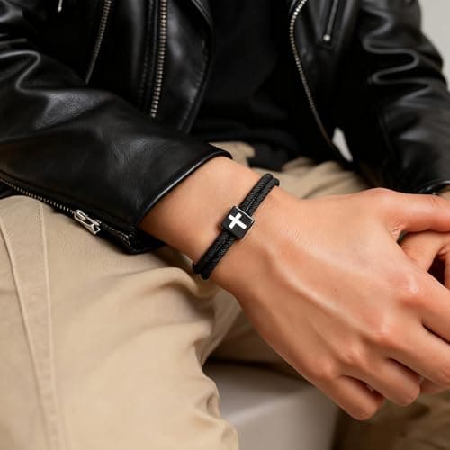 Mens Cross Bracelet for Teen Boys Gift Ideas, christmas stocking stuffers for teens, Christian Religious Jewelry Gifts for Son from Mom Catholic Baptism Confirmation Birthday Gifts for Son Grandson Nephew - Thumbnail 2