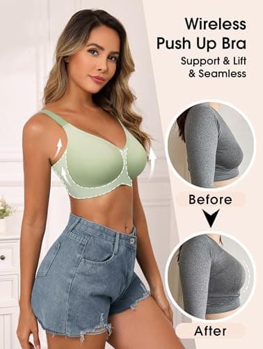 SHIJIALI Jelly Wireless Bras for Women Gradient Push Up Seamless T-Shirt Bra No Underwire Full Coverage Supportive Bralette Mint Green, Size X-Large - Thumbnail 3