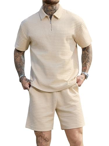 JEMLDL Men's Short Sets 2 Piece Polo Shirt Summer Outfits Casual Fashion Jogging Track Suits Short Sleeve Travel Sweatsuit Light Khaki 3X-Large - Thumbnail 2