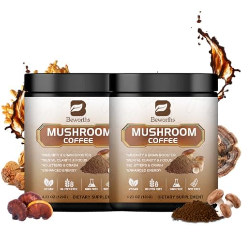 2Pack Mushroom Coffee - Lions Mane Mushroom Powder Arabica Instant Coffee with Lion's Mane, Reishi, Chaga, Cordyceps and Turkey Tail - Mushroom Coffe Alternative Support Immune & Focus, Brain Booster