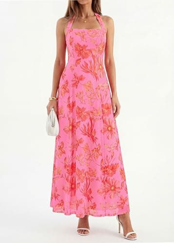 KIRUNDO Women's Summer Sleeveless Halter Floral Maxi Dress 2026 Beach Wedding Guest Cocktail Mesh Flowy A Line Long Sundress(Pink, Medium) - Thumbnail 4