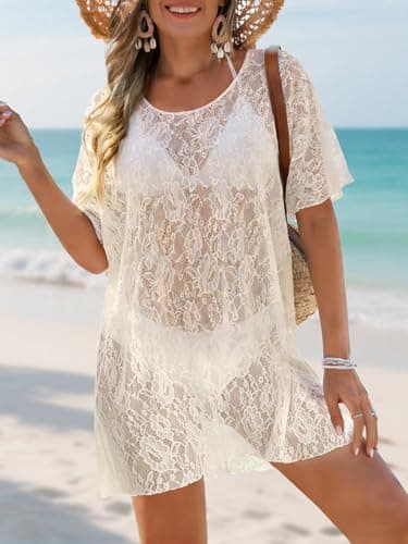Women's Round Neck Lace Beachdress Coverup, Elegant Floral Swim Coverup, Side Slits Apricot - Thumbnail 2