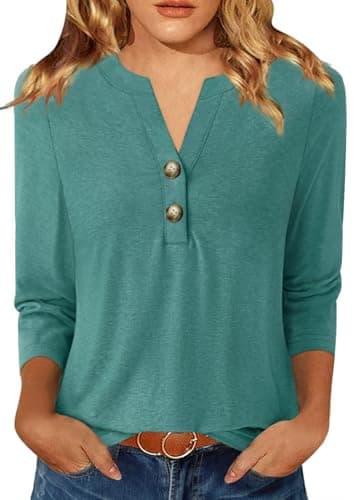 GKBK Womens Tops 3/4 Length Sleeve V Neck Button Down Short Sleeve Shirts Business Casual Basic Tees Summer Fashion 2026 Dressy Casual Tunic Blouses Work Outfits for Teachers Cyan L - Image 1