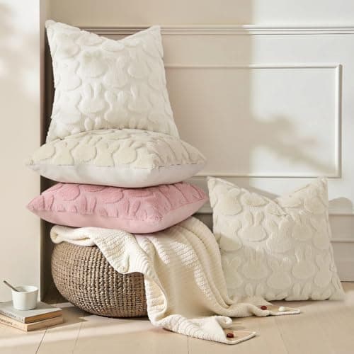 decorUhome Cream White Faux Fur Bunny Throw Pillow Covers 18x18 Set of 2 - Thumbnail 2