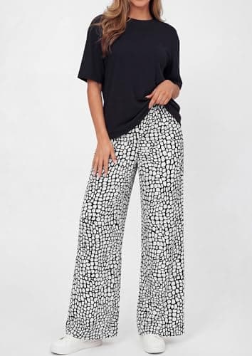 PRETTYGARDEN Women's 2 Piece Lounge Sets Summer Casual Short Sleeve Tops Leopard Flowy Pants Pajamas Vacation Travel Outfits (Black Stone Flower,S) - Thumbnail 5