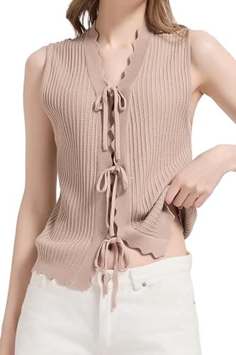 Orolay Tie Front Sweater Vest Women Crochet Scalloped Edge Sleeveless Knit Boho Summer Festival Tops 2026 - Image 1