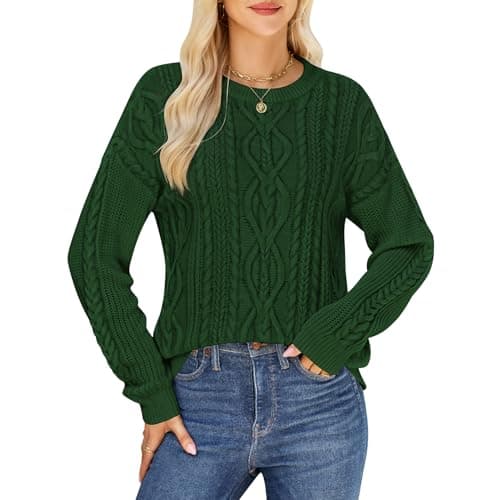 QIANSIQIANBO Women's Cable Knit Sweaters Oversized Crewneck Sweater Long Sleeve Cozy Pullover Top Business Casual Fall Clothes (L) Green - Image 1
