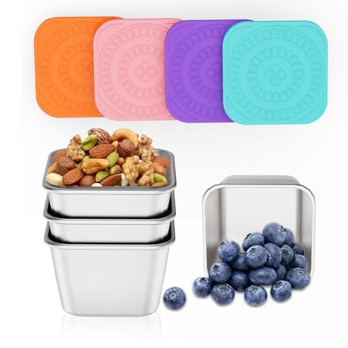 ENCYS Set of 4 Snackle Box Containers,Toddler Snack Container,Stainless Steel Snack Containers for Kids;Leak Proof Stackable Small Metal Lunch Box with Silicone Lids - Image 1