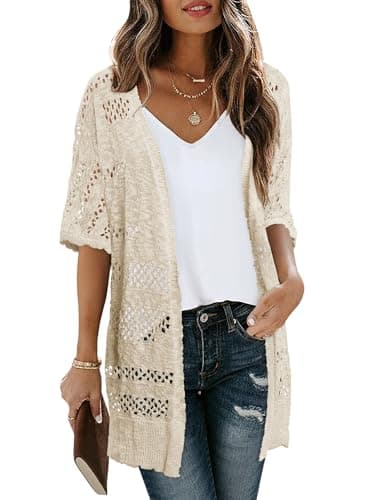 KISSMODA Crochet Cardigans for Women 2026 Summer Apricot Loose Fit Lightweight Boho Short Sleeve Open Front Cardigan for Wine Tasting Days XXL - Thumbnail 4