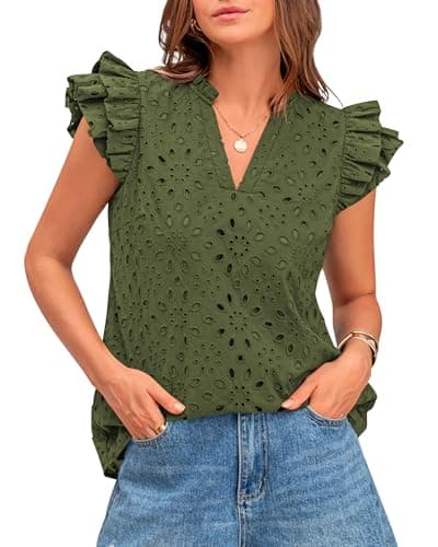 BTFBM Summer Eyelet Tops for Women 2026 Dressy Casual Spring V Neck Ruffle Cap Sleeve Embroidered Blouses Resort Wear(Army Green, Medium) - Image 1