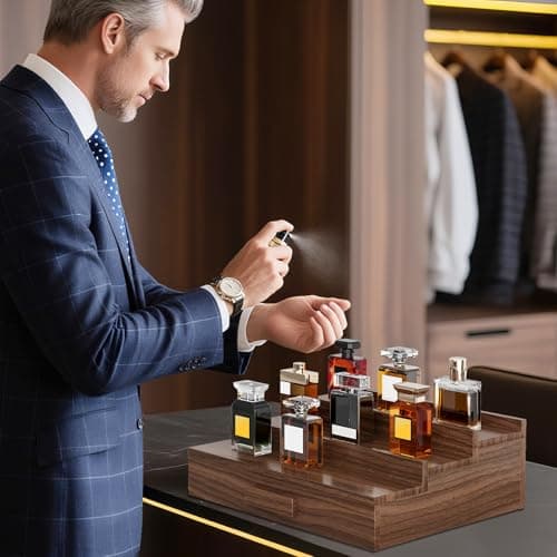 Gernshe Solid Walnut Cologne Organizer for Men,Cologne Stand,3 Tier Wooden Cologne Holder Shelf Display,Perfume Stand Organizer with Drawer Storage,Gift for Men Dad Husband,Mens Valentines Day Gifts - Thumbnail 4