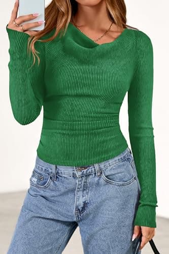 PRETTYGARDEN Women's Long Sleeve Cowl Neck Ribbed Knit Spring Shirts Slim Fit Ruched Going Out Crop Tops Basic T-Shirts(Green,X-Large) - Thumbnail 3