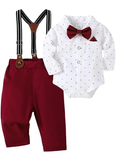 AMAWMW Baby Boy Suits Formal Outfit Long Sleeve Dress Shirt Suspender Pants Bowtie Set Baby Wedding Clothes, Red, 12-18 Months - Image 1