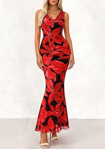 PRETTYGARDEN Women's Spring Formal Wedding Guest Dress 2026 Cowl Neck Summer Vacation Outfits Polka Dot Floral Maxi Dresses(Black Red Flower,Large) - Thumbnail 2