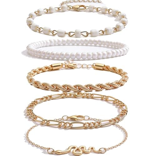 Layered Bracelet Set - White Beaded & 14K Gold Multi-Style Chains with Snake Charm, Boho Chic Stackable Bracelets - Image 1