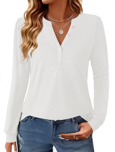 GKBK Women's Puff Long Sleeve Tunic V Neck Button Blouses Fall Tops Trendy Dressy Casual Business Henley Shirts White M - Image 1