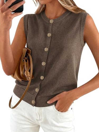 BTFBM Sweater Vest Women Casual Crewneck Loose Button Down Knit Sleeveless Cardigan 2026 Spring Clothes Summer Vest Tops(Grey Brown, XX-Large) - Image 1