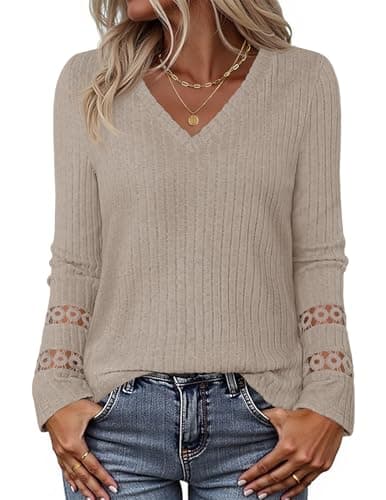 MEROKEETY Womens Long Sleeve Tops 2025 Trendy Fall Winter V Neck Ribbed Sweaters Casual Shirts Blouses, Apricot, S - Image 1