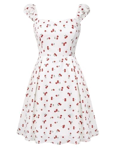 Belle Poque Women's Summer Mini Floral Dress 2026 Cap Sleeve Beach Short Sundresss Square Neck Cute Dress Cherry XLarge - Image 1
