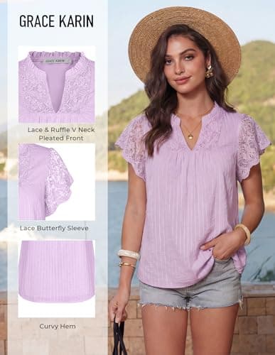 GRACE KARIN Womens Lace Short Sleeve Tops Summer Dressy Casual Cotton Blouses Flowy V Neck Dress Shirts Trendy Clothing 2026, Purple, Medium - Thumbnail 3